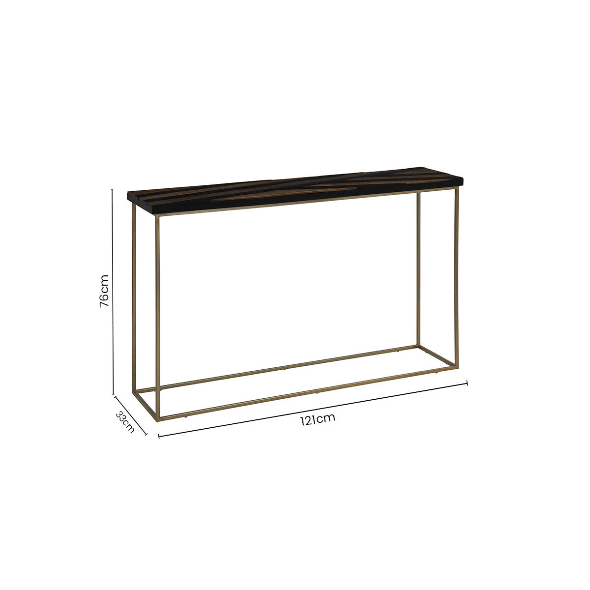 Aris Black and Gold Striped Acacia Wood Console Table with Interconnected Metal Legs, Aris