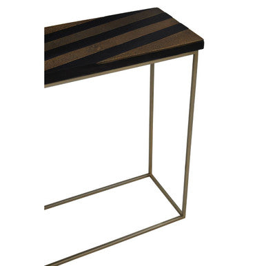 Aris Black and Gold Striped Acacia Wood Console Table with Interconnected Metal Legs, Aris