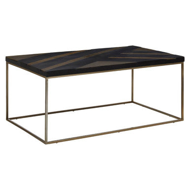 Aris Black and Gold Striped Acacia Wood Coffee Table with Interconnected Metal Legs, Aris
