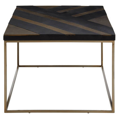 Aris Black and Gold Striped Acacia Wood Coffee Table with Interconnected Metal Legs, Aris