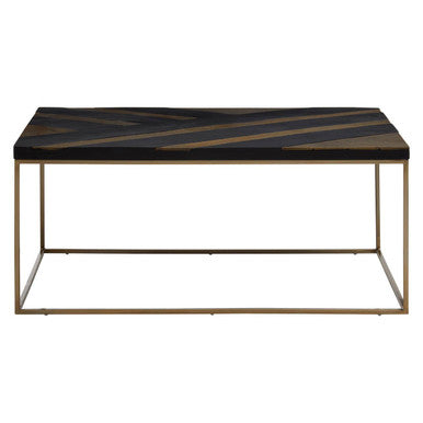 Aris Black and Gold Striped Acacia Wood Coffee Table with Interconnected Metal Legs, Aris