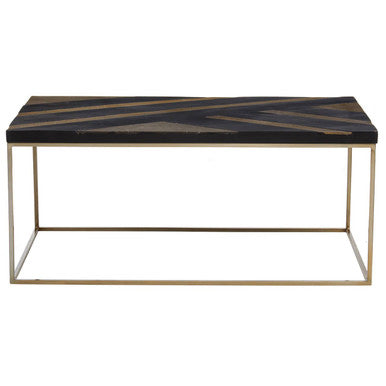 Aris Black and Gold Striped Acacia Wood Coffee Table with Interconnected Metal Legs, Aris