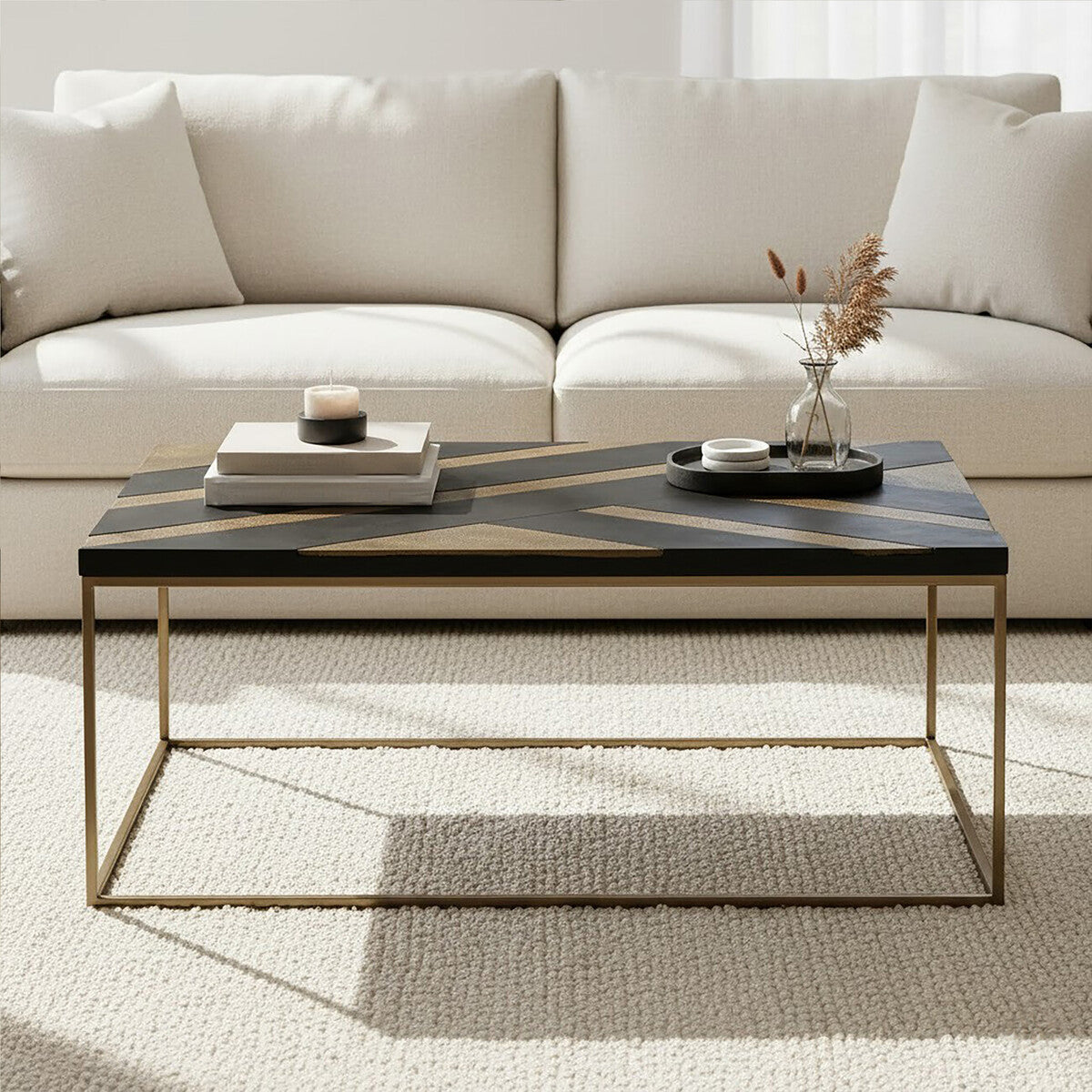 Aris Black and Gold Striped Acacia Wood Coffee Table with Interconnected Metal Legs, Aris