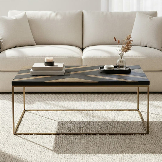 Aris Black and Gold Striped Acacia Wood Coffee Table with Interconnected Metal Legs, Aris