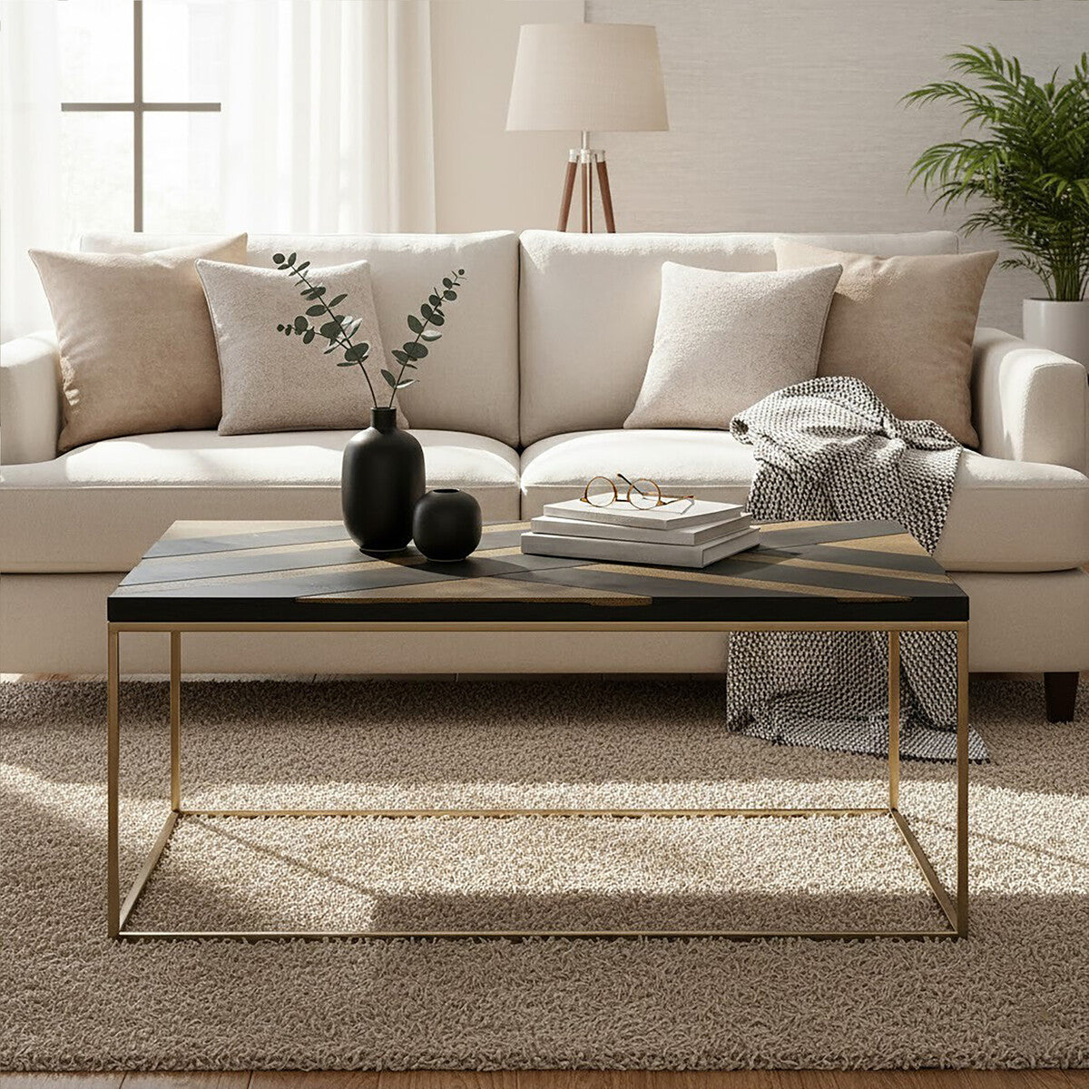 Aris Black and Gold Striped Acacia Wood Coffee Table with Interconnected Metal Legs, Aris