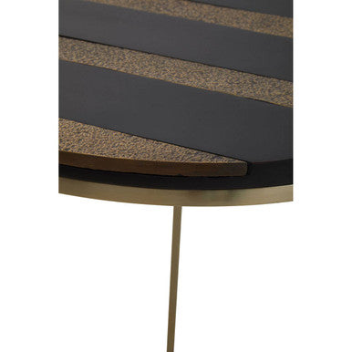 Aris Black and Gold Striped Acacia Wood Round Coffee Table with Interconnected Metal Legs, Aris