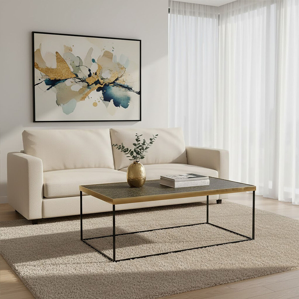 Gold Finish Coffee Table with Black Metal Interconnected Legs, Akola