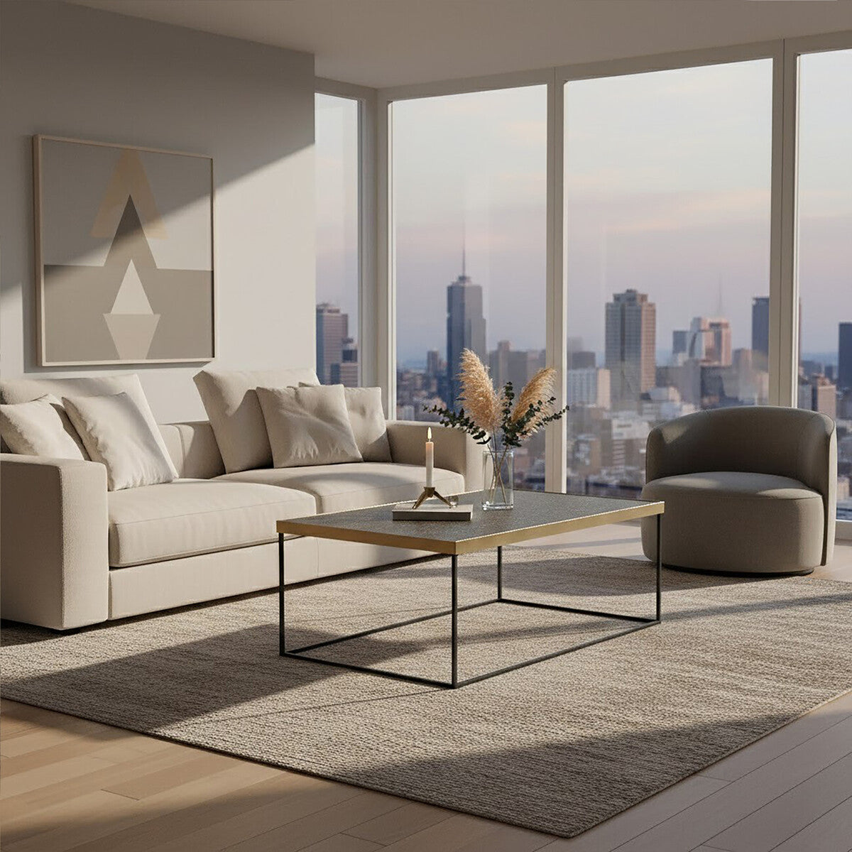 Gold Finish Coffee Table with Black Metal Interconnected Legs, Akola
