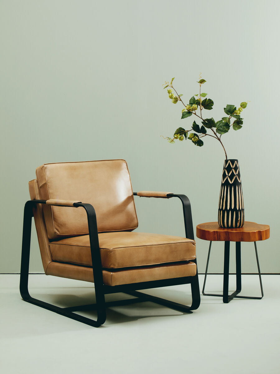 Solid Teak Wood Side Table with Asymmetric Top and Black Cross Bas, Manado