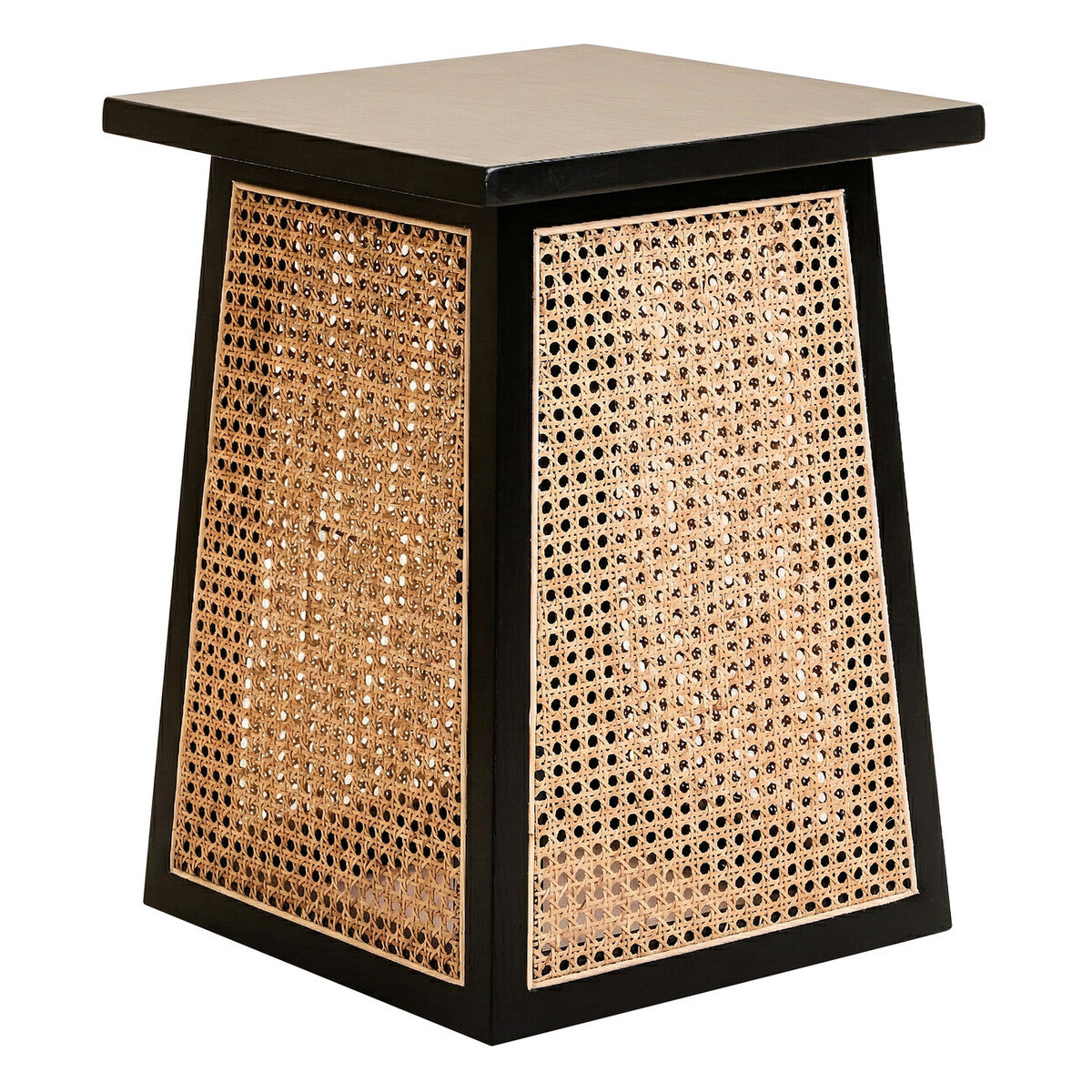 Black Elm Wood Side Table with Woven Natural Cane Panels, Cebu