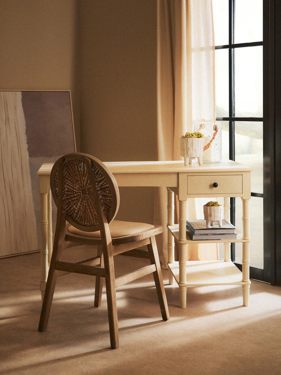 Cebu White Wash Wood and Round Rattan Dining Chair with Beige Seat