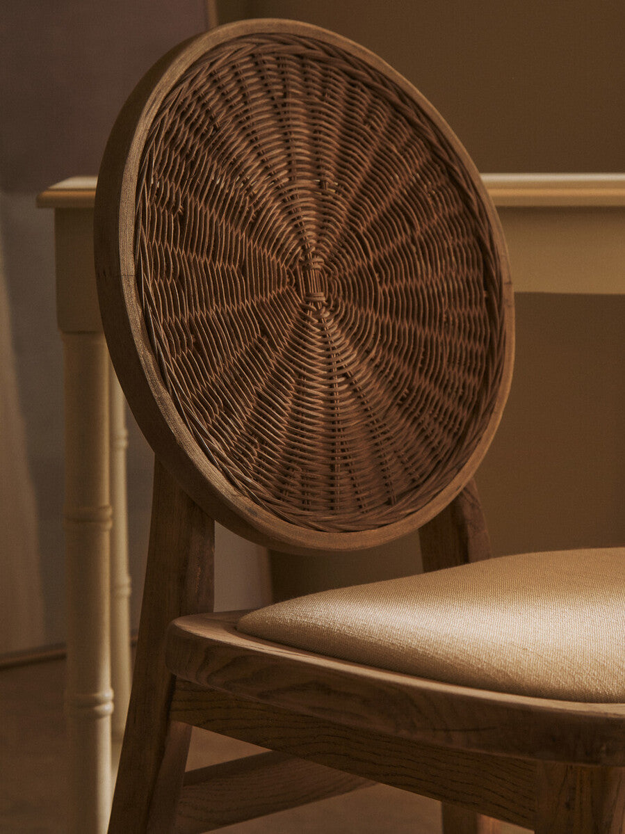 Cebu White Wash Wood and Round Rattan Dining Chair with Beige Seat