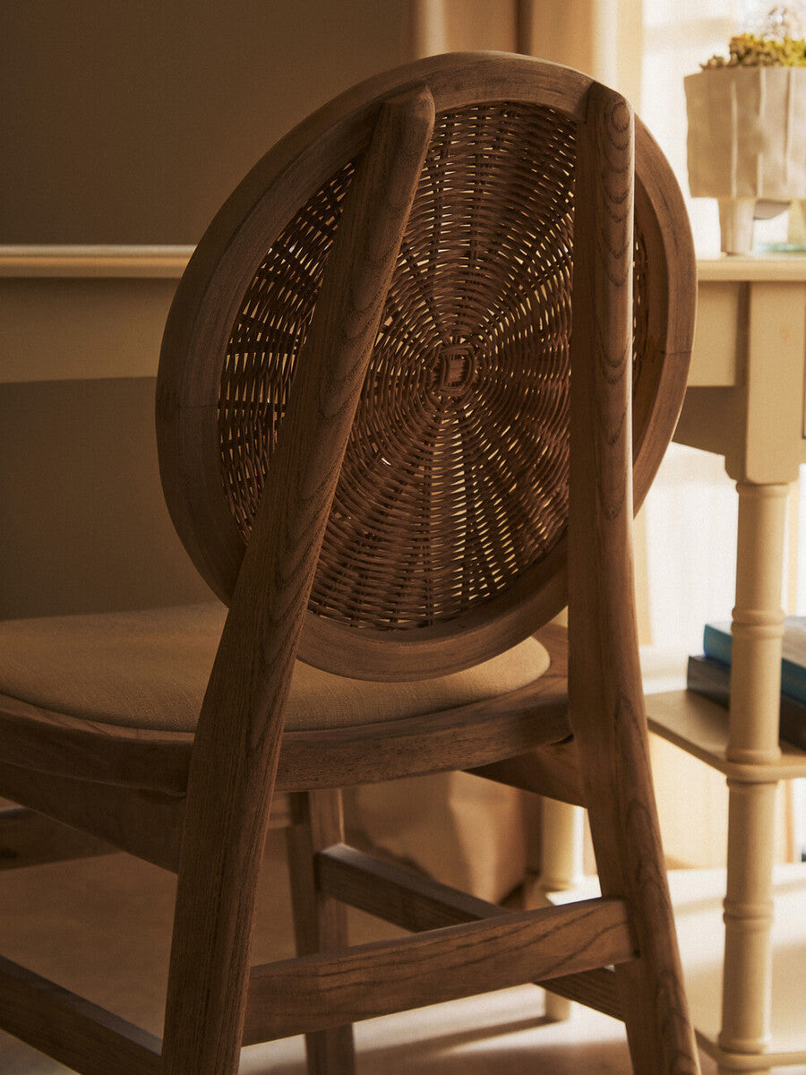 Cebu White Wash Wood and Round Rattan Dining Chair with Beige Seat