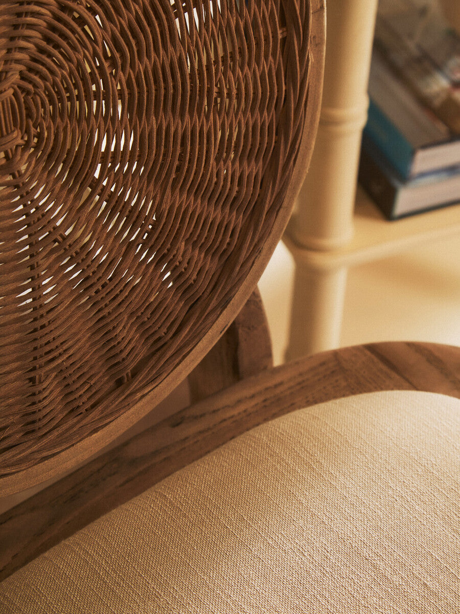 Cebu White Wash Wood and Round Rattan Dining Chair with Beige Seat