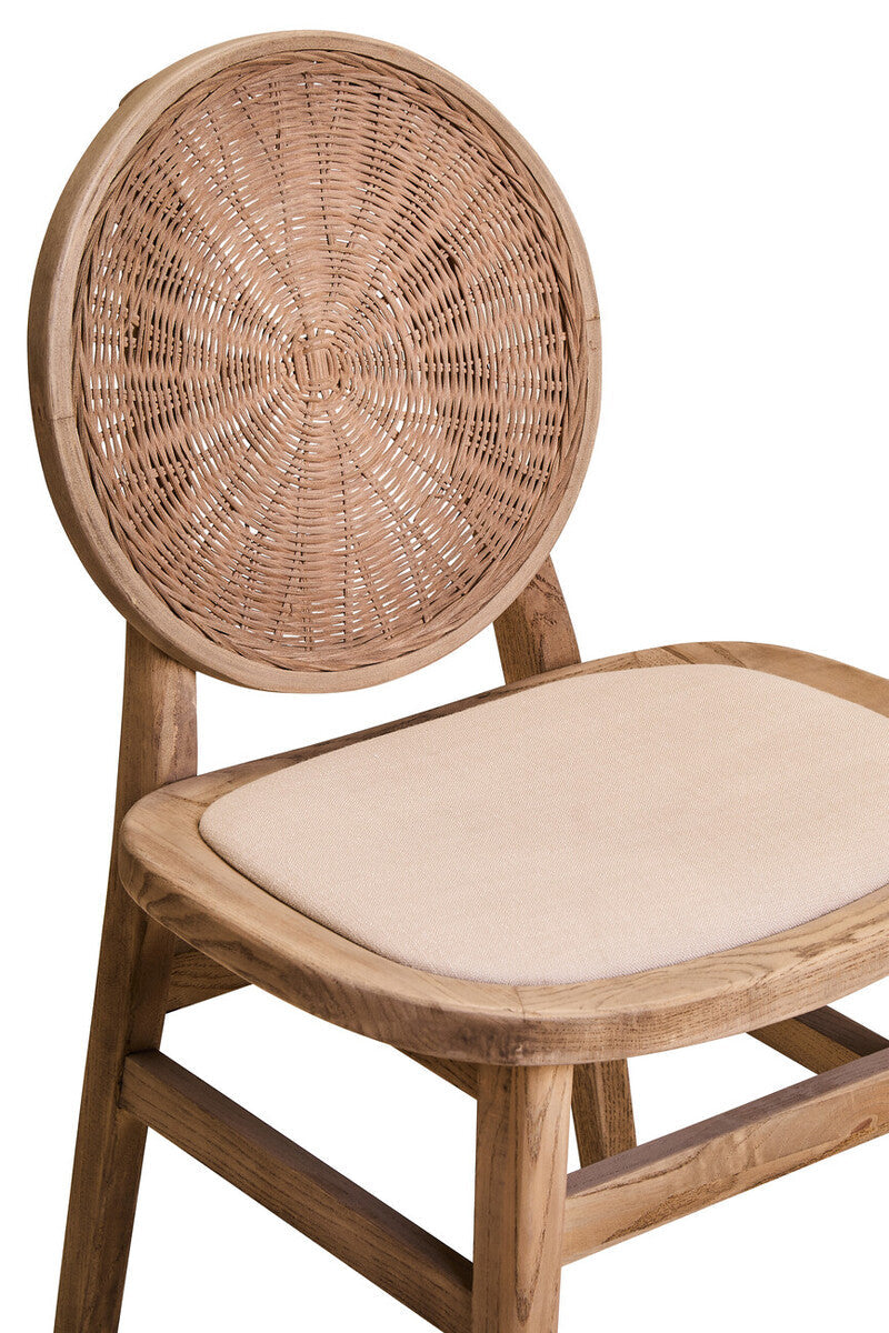 Cebu White Wash Wood and Round Rattan Dining Chair with Beige Seat
