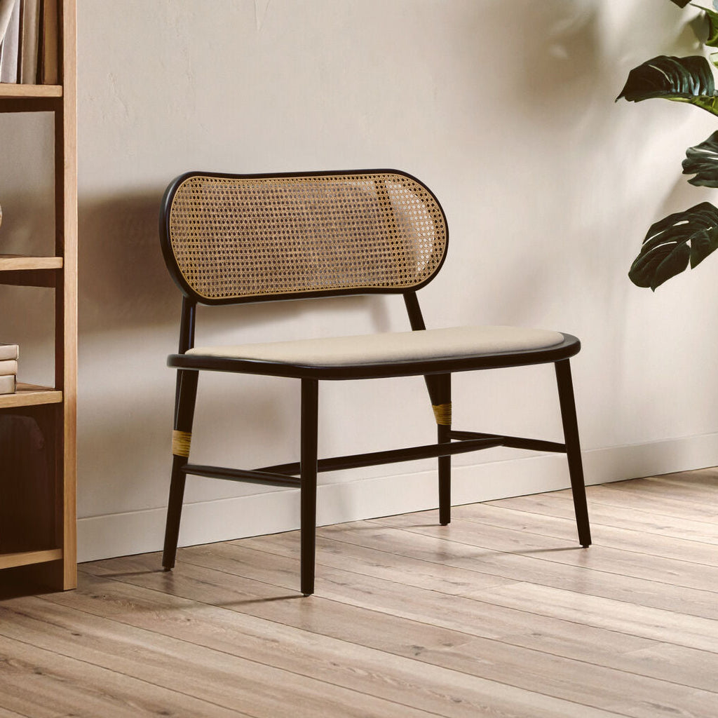 Cebu Black Wood Bench with Rattan Backrest
