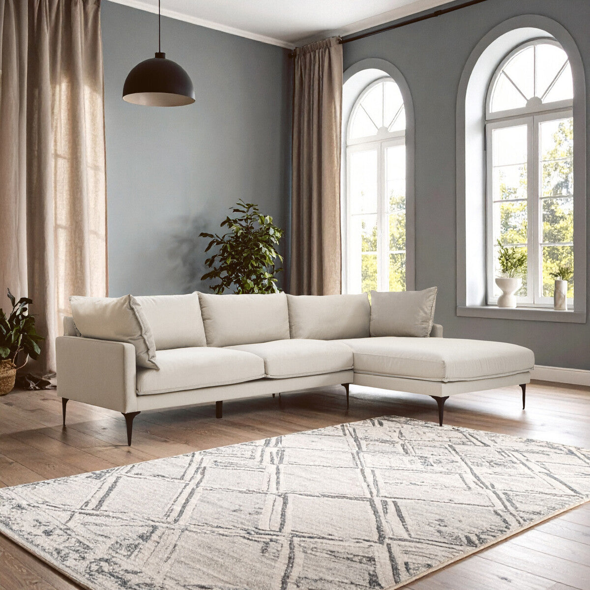 Troyes Cream Fabric 3 Seater Right Hand Chaise Sofa