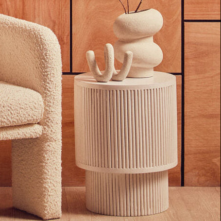 Whitewashed Mango Wood Ridge Detail Side Table with Column Base, Walsa