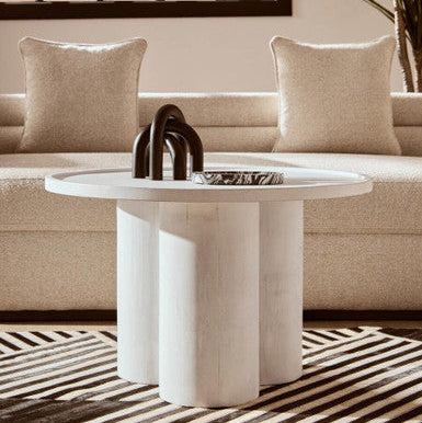 Whitewash Mango Wood Coffee Table with Column Base and Rounded Top, Walsa
