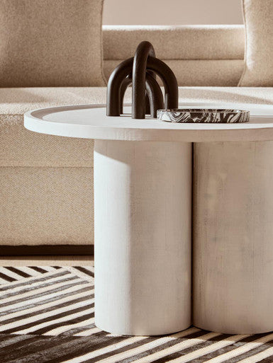 Whitewash Mango Wood Coffee Table with Column Base and Rounded Top, Walsa