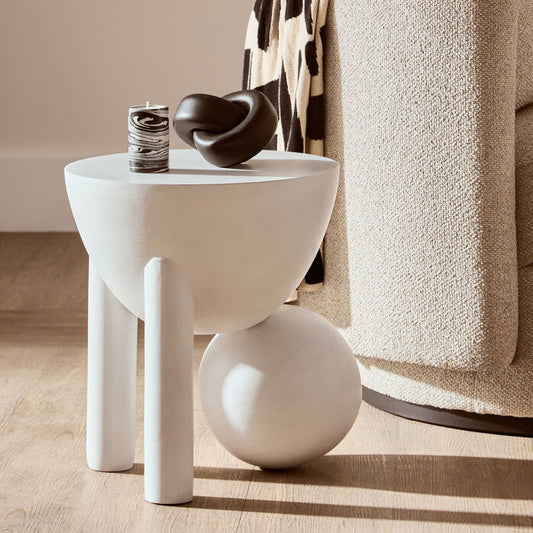 White Finish Mango Wood Round Side Table with Sphere and Semi-Cupped Legs | Walsa