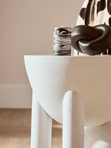 White Finish Mango Wood Round Side Table with Sphere and Semi-Cupped Legs, Walsa