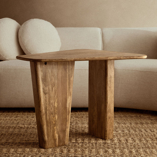 Natural Finish Mango Wood Pedestal Coffee Table with Ridged Base, Walsa
