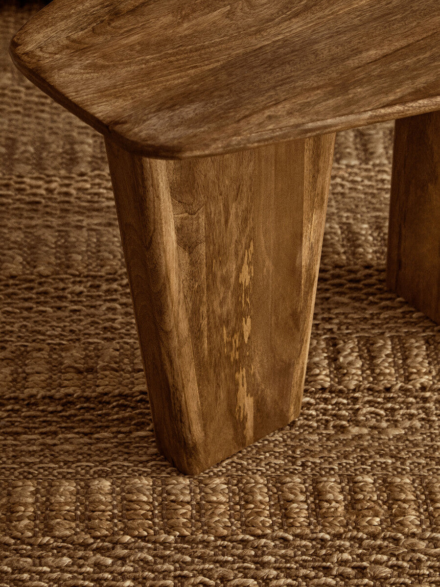 Natural Finish Mango Wood Pedestal Coffee Table with Ridged Base, Walsa