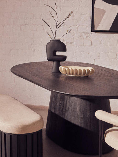 Black Mango Wood Oval Dining Table with Sculptural Tapered Base, Perdoba