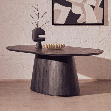 Black Mango Wood Oval Dining Table with Sculptural Tapered Base, Perdoba