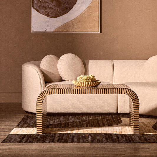 Natural Finish Curved Coffee Table with Striped Bamboo Inlay | Bambusa