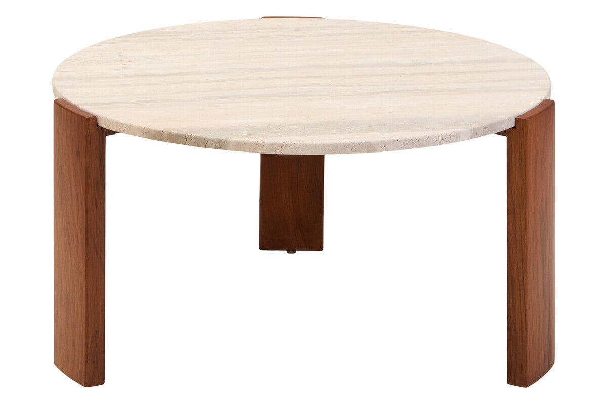 Natural Large Round Travertine Top Coffee Table with Brown Acacia Wood Legs, Palermo