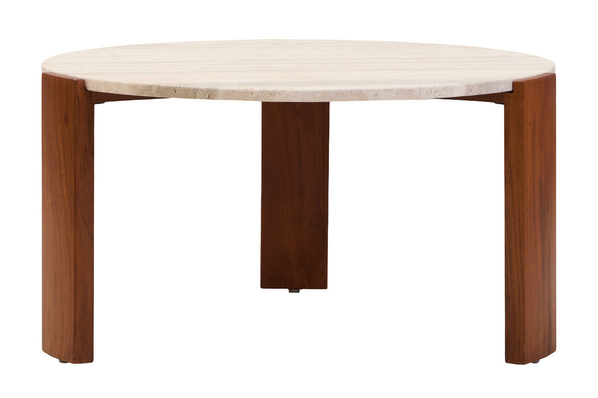 Natural Large Round Travertine Top Coffee Table with Brown Acacia Wood Legs, Palermo