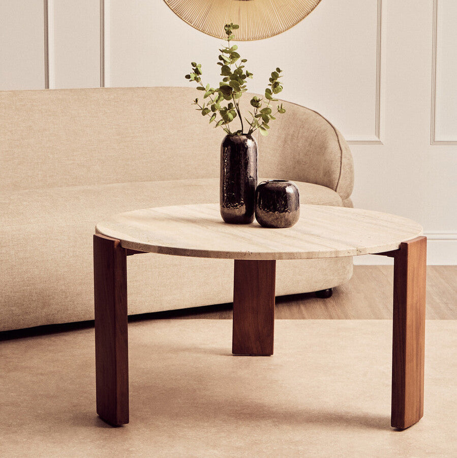 Natural Large Round Travertine Top Coffee Table with Brown Acacia Wood Legs, Palermo