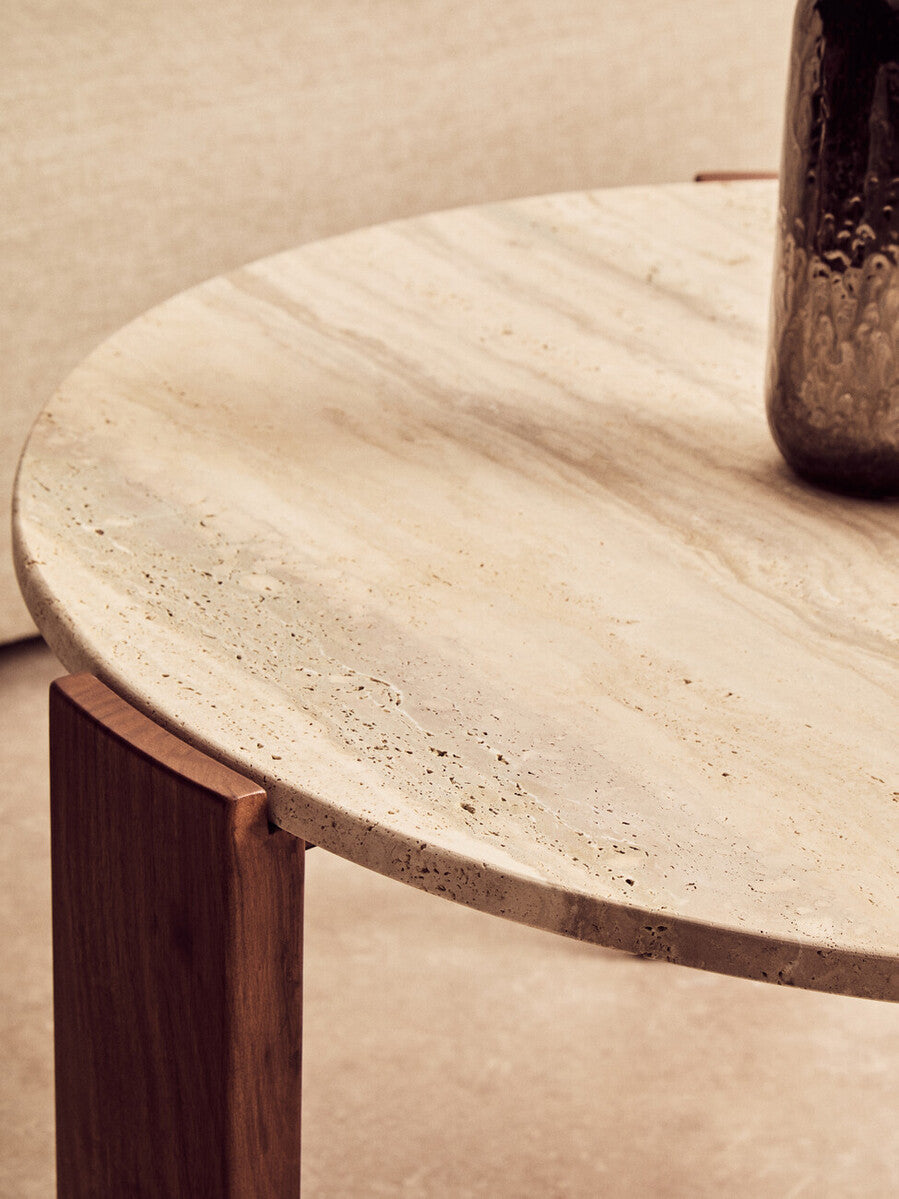 Natural Large Round Travertine Top Coffee Table with Brown Acacia Wood Legs, Palermo