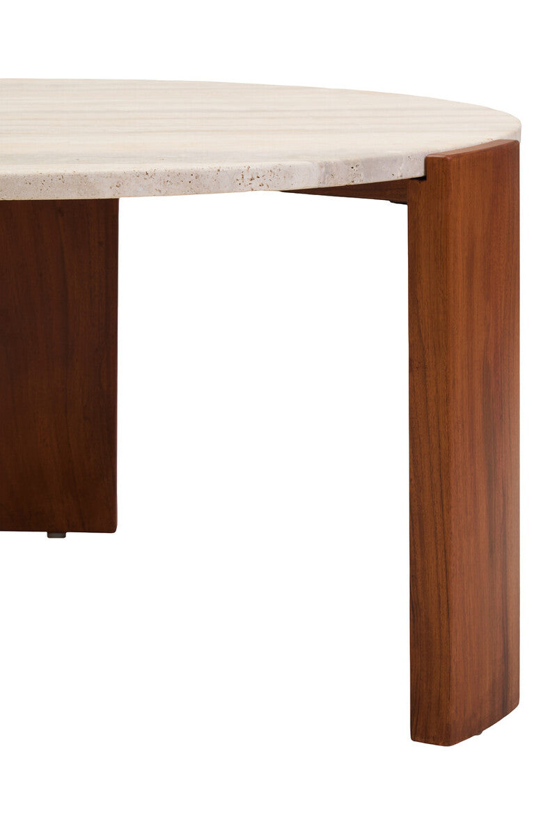 Natural Large Round Travertine Top Coffee Table with Brown Acacia Wood Legs, Palermo