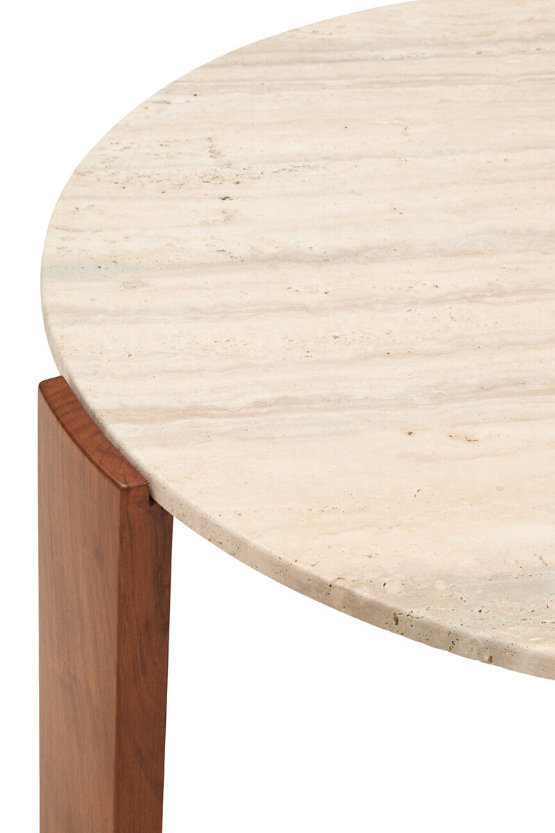 Natural Large Round Travertine Top Coffee Table with Brown Acacia Wood Legs, Palermo