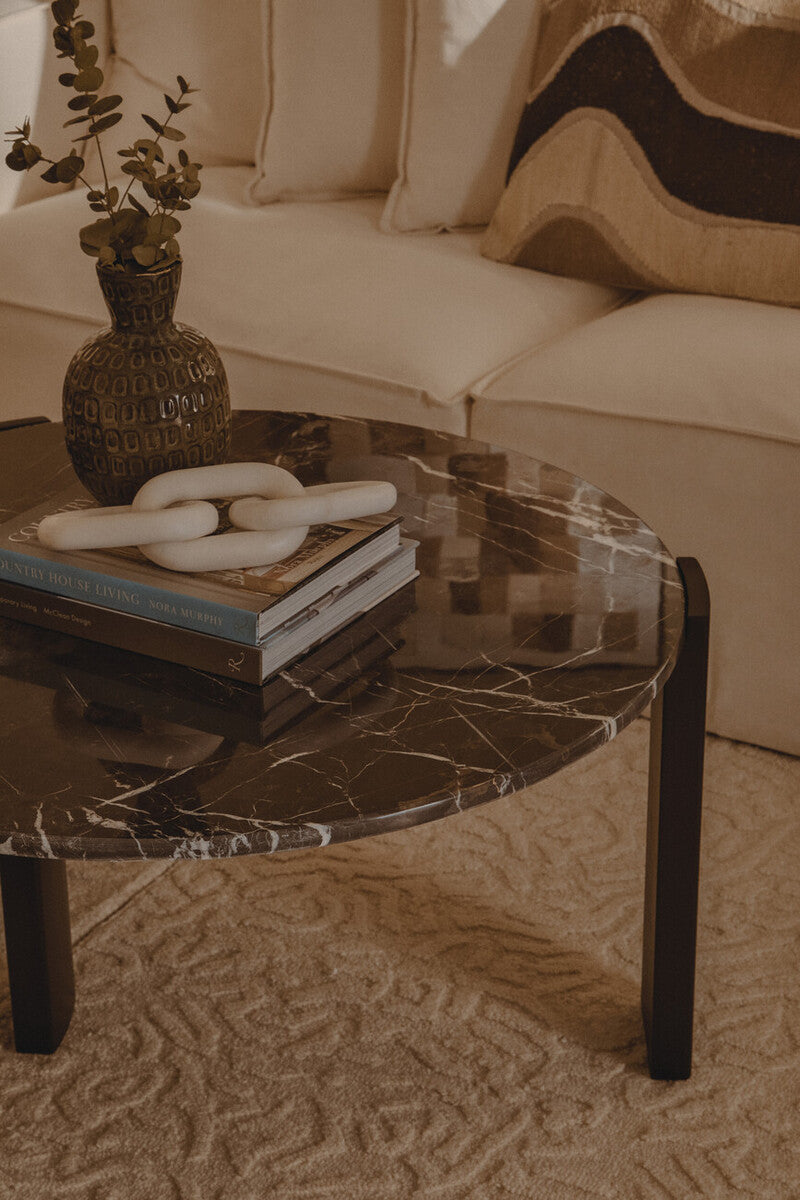 Black Round Marble Top Large Coffee Table with Black Acacia Legs, Palermo