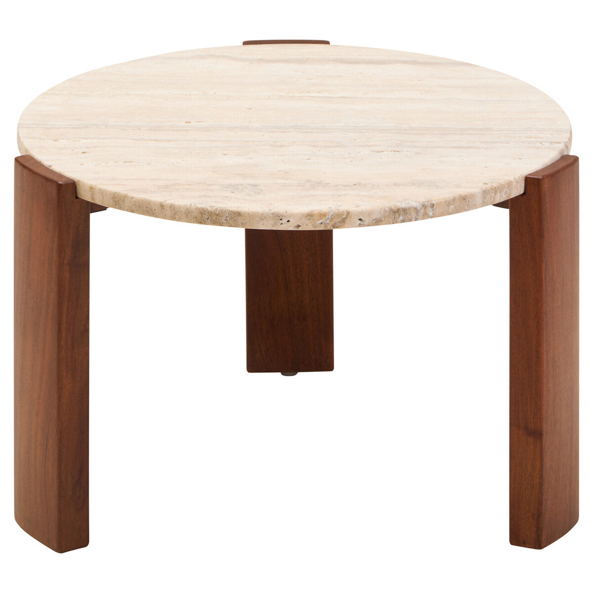 Cream Travertine Top Small Round Coffee Table with Natural Brown Acacia Wood Legs | Palermo