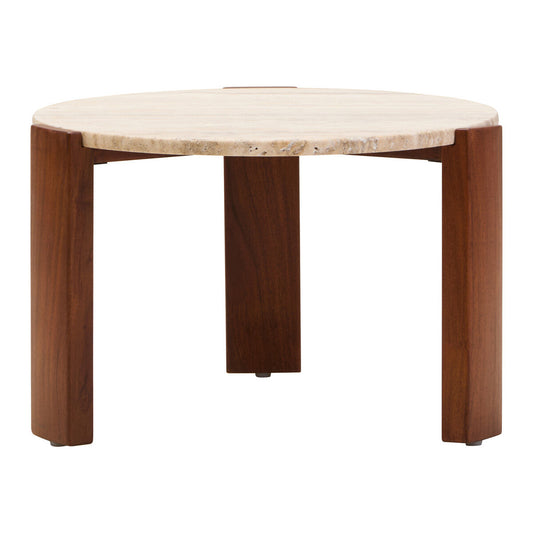 Cream Travertine Top Small Round Coffee Table with Natural Brown Acacia Wood Legs | Palermo