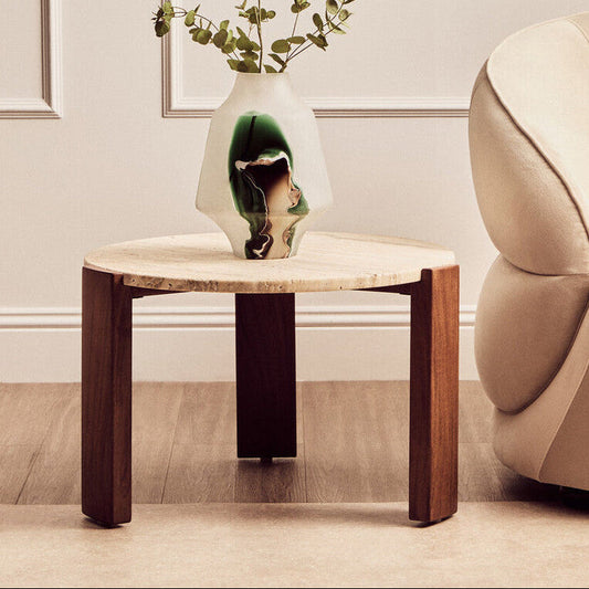 Cream Travertine Top Small Round Coffee Table with Natural Brown Acacia Wood Legs | Palermo
