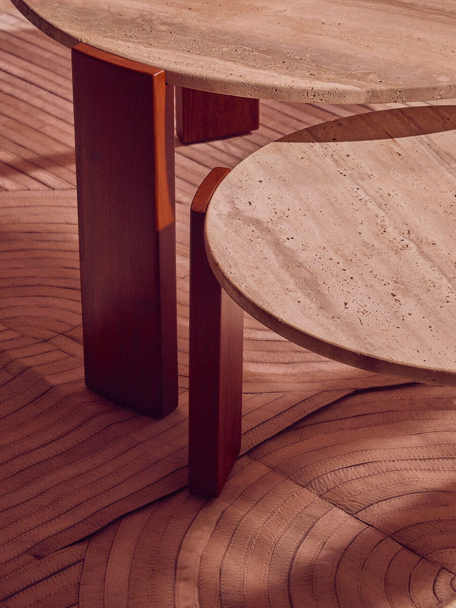 Cream Travertine Top Small Round Coffee Table with Natural Brown Acacia Wood Legs | Palermo