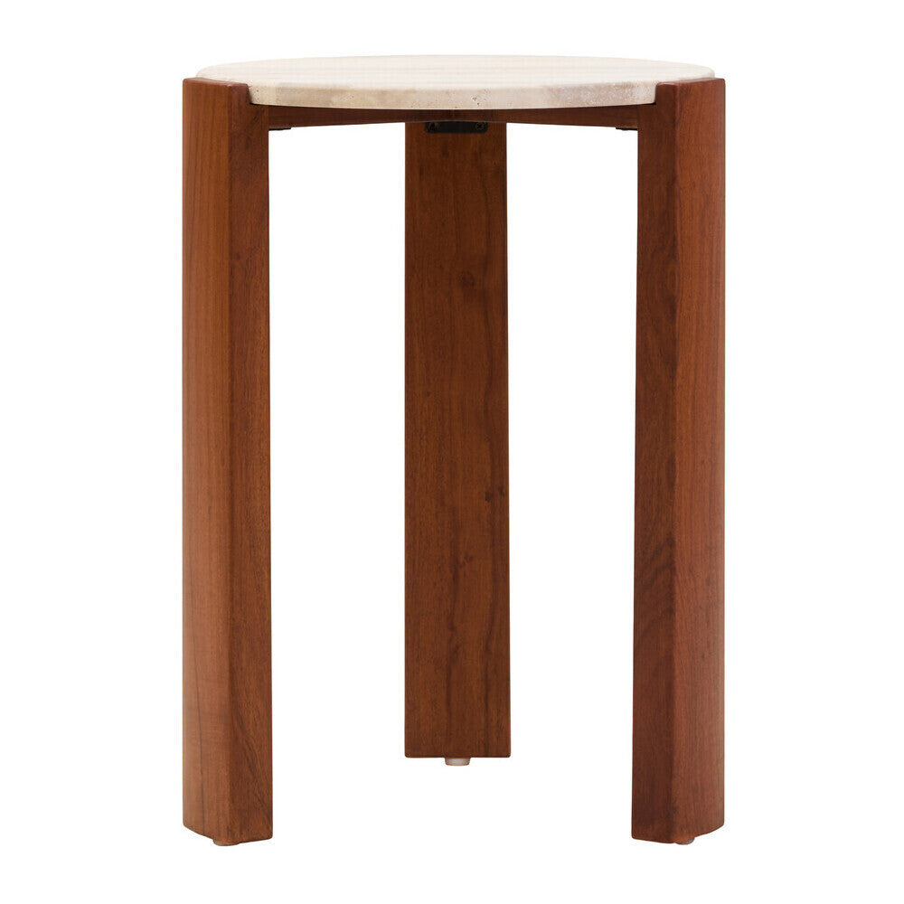 Cream Travertine Top Round Side Table with Natural Brown Acacia Wood Base | Palermo