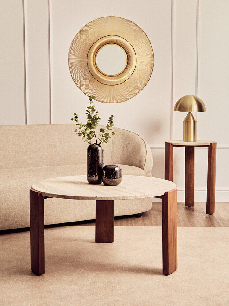Cream Travertine Top Round Side Table with Natural Brown Acacia Wood Base | Palermo