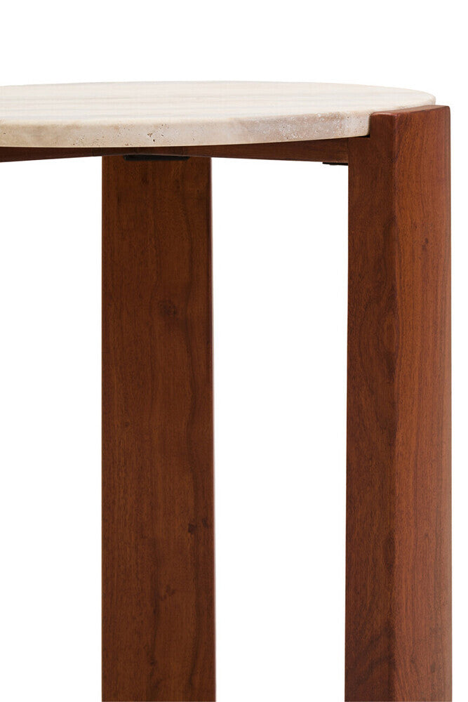 Cream Travertine Top Round Side Table with Natural Brown Acacia Wood Base | Palermo