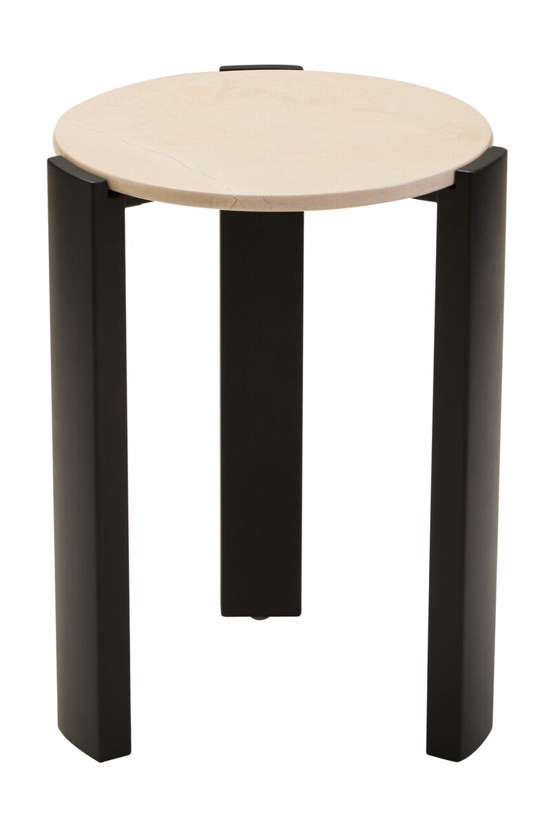 Cream Marble Top Round Side Table with Black Acacia Wood Legs, Palermo