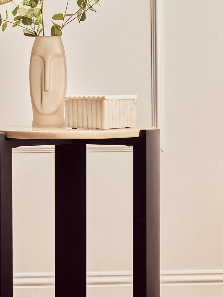 Cream Marble Top Round Side Table with Black Acacia Wood Legs, Palermo