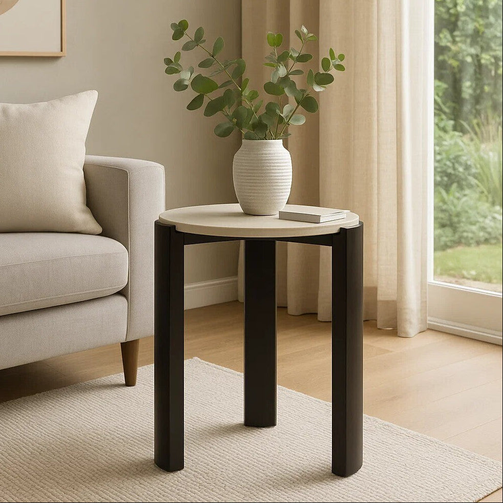 Cream Marble Top Round Side Table with Black Acacia Wood Legs, Palermo