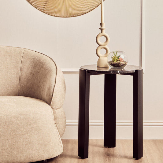 Black Marble Top Round Side Table with Black Acacia Wood Legs | Palermo