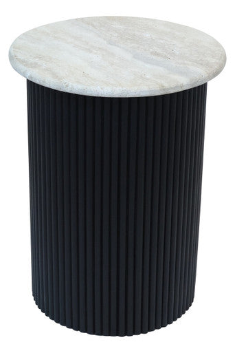 Cream Polished Travertine Top Side Table with Ridged Black Acacia Wood Cylindrical Base, Walton